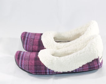 Purple magenta plaid slippers, Women's sherpa slippers, Women's slippers with soles, Work from home shoes, Handmade vegan slippers