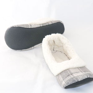 Grey and cream plaid slippers, Women's sherpa slippers, Women's slippers with soles, Soft slippers image 2
