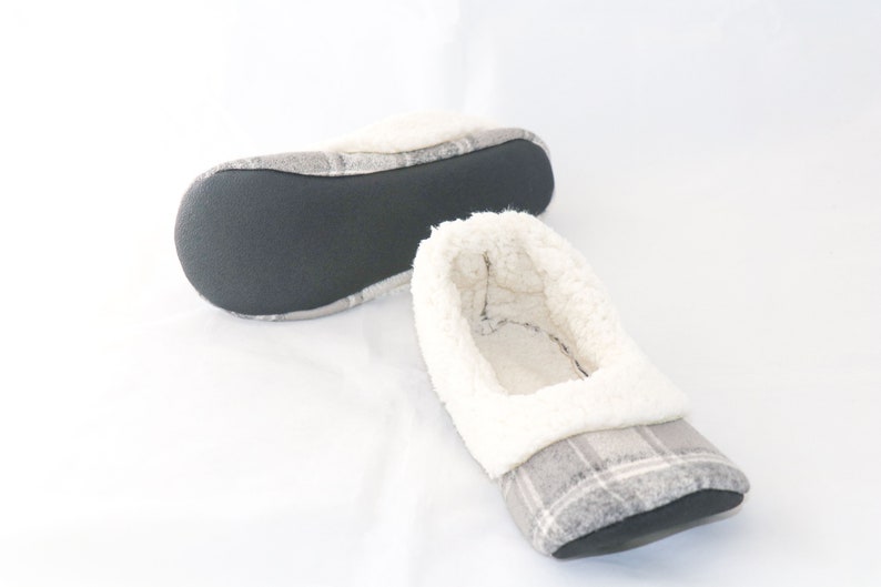 Grey and cream plaid slippers, Women's sherpa slippers, Women's slippers with soles, Soft slippers image 2