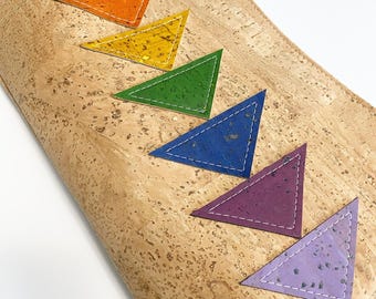 Quilty cork clutch with wristlet strap, flying geese cork clutch purse, modern quilty cork purse
