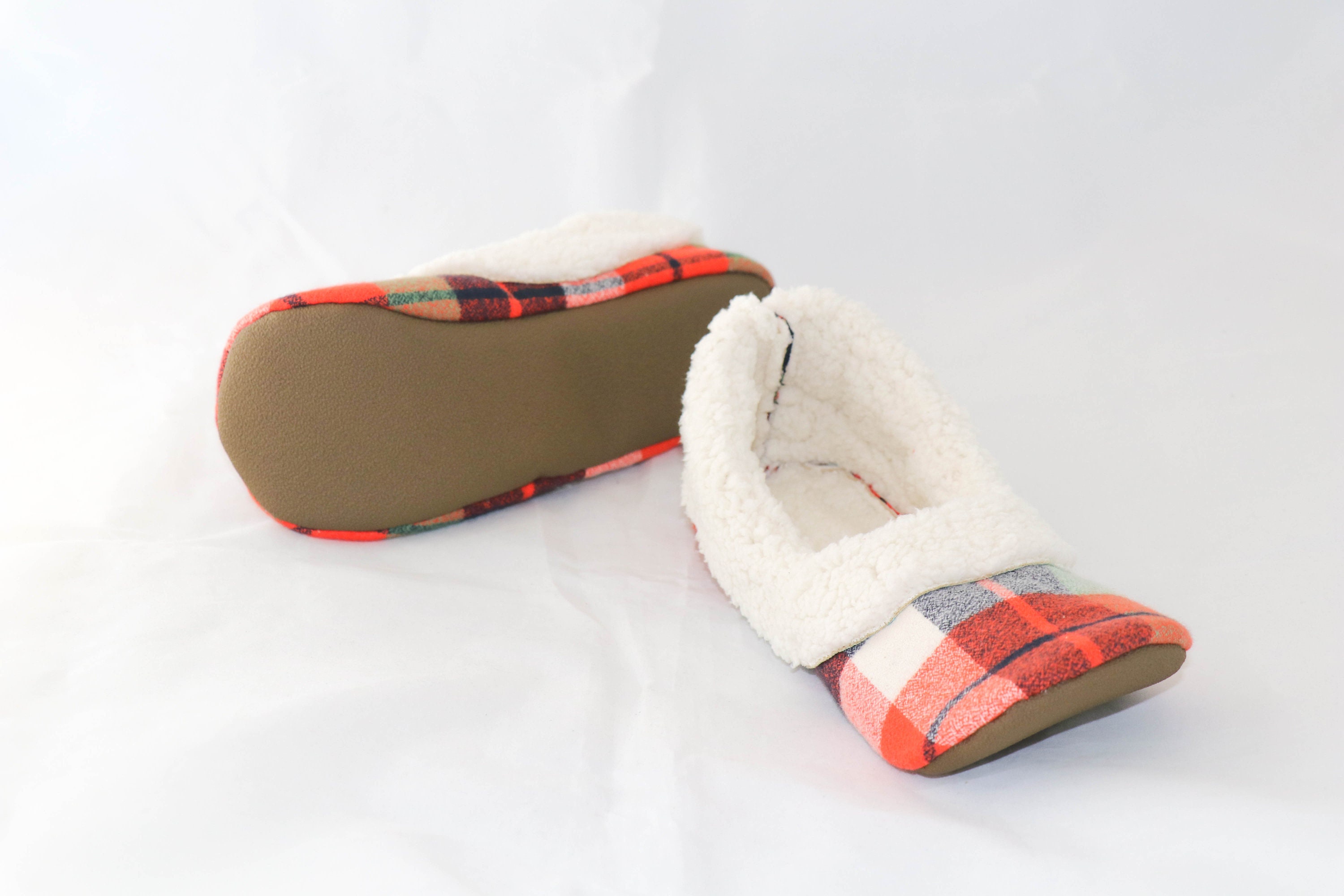 Orange Green and Cream Plaid Slippers Women's Sherpa | Etsy