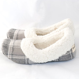 Grey and cream plaid slippers, Women's sherpa slippers, Women's slippers with soles, Soft slippers image 1