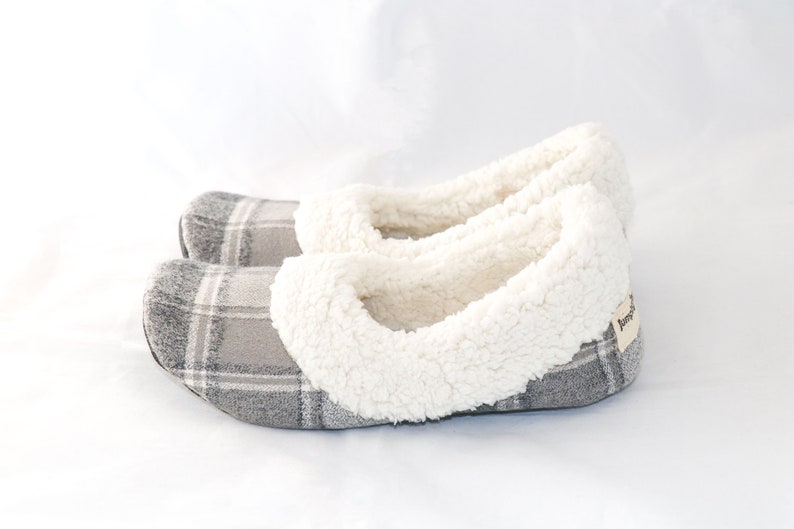 Grey and cream plaid slippers, Women's sherpa slippers, Women's slippers with soles, Soft slippers image 1