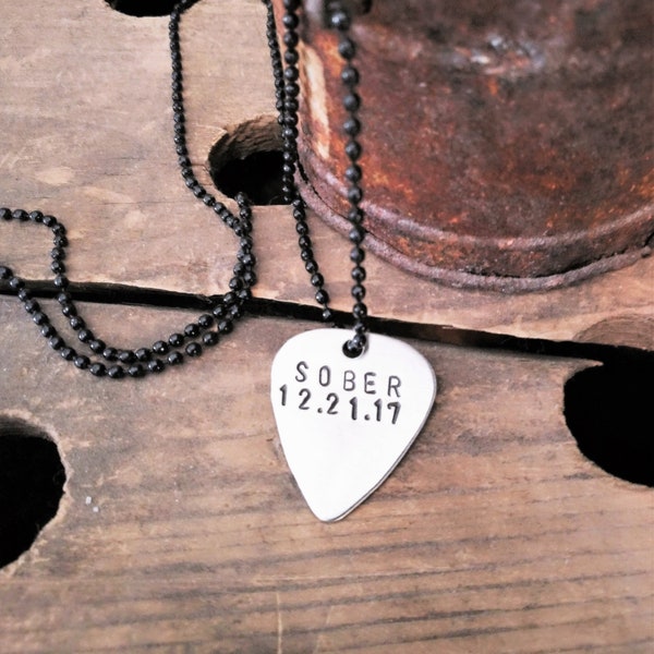 Sober Date Necklace Sober Jewelry for Men Sobriety Gift for Women Christmas Gift Anniversary Gift Guitar Pick Recovery Clean and Sober Wife