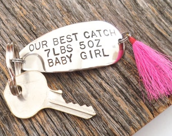 Father's Day Gift from Baby to New Dad Gift from Family Fathers Day Key Ring Best Catch Fishing Lure Birth Announcement Baby's Weight Height