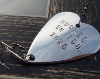 First Valentines Day Gift for Husband Fishing Lure Hooked on You xoxo Gift for Boyfriend Men Handstamped For Him Birthday Her Anniversary