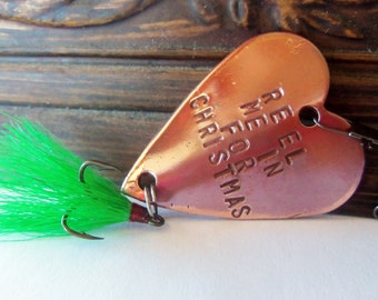 Mens Gift Christmas Handstamped Fishing Lure Husband Holiday Gift for Boyfriend Personalized Dad Brass Copper Bronze Steel Heart Reel Me In