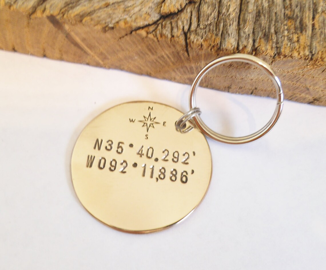Personalized GPS Coordinate Keychain Compass Keychain Etsy