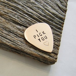 Personalized Guitar Pick Valentines Gift for Men - Handcrafted in Bronze Copper Brass and Nickel - I Pick You or Custom Hand Stamped Message