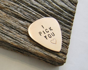 Personalized Guitar Pick Valentines Gift for Men - Handcrafted in Bronze Copper Brass and Nickel - I Pick You or Custom Hand Stamped Message