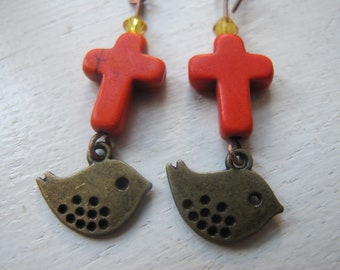 Konfirmation Ohrringe mit Kreuz und Vogel Howlith