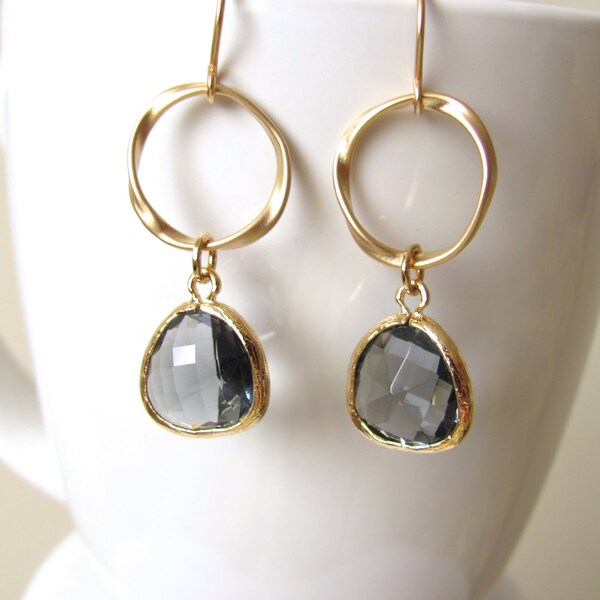 Gold Plated Sparkle Charcoal Gray Hoop Drop Earrings