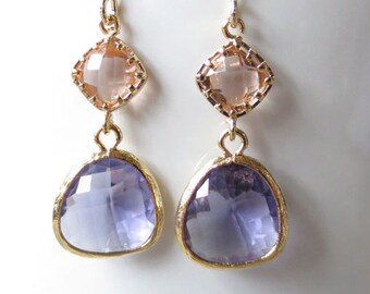 Gold Plated Dangle Drop Earrings with Champagne Rose and Tanzanite Sparkle Teardrop Gemstone.