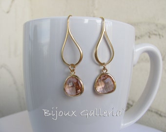 Gold Plated Teardrop Peach Champagne Sparkle  Dangle Earrings
