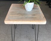 White distressed reclaimed wood small side table metal hairpin legs