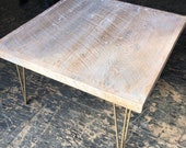 Distressed White WOOD COFFEE TABLE ,Rustic Modern Brass Hairpinleg