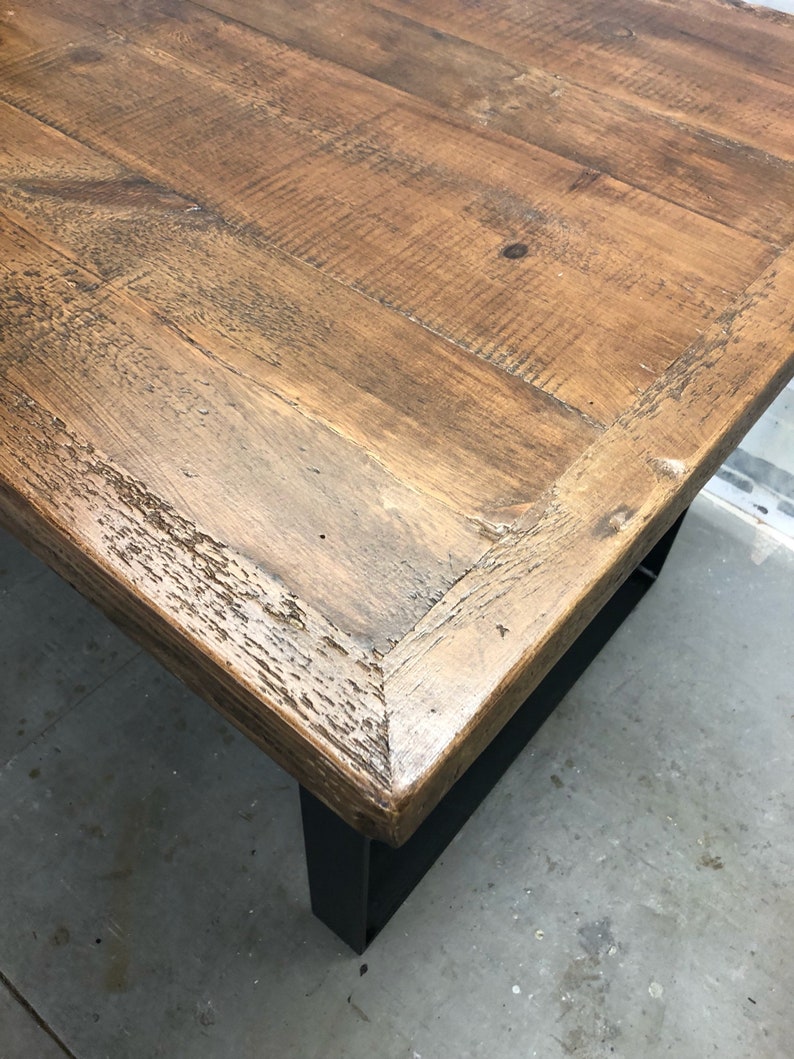 Reclaimed Wood Desk Table Authentic Saw Marks Raw Steel Black Modern Metal Legs