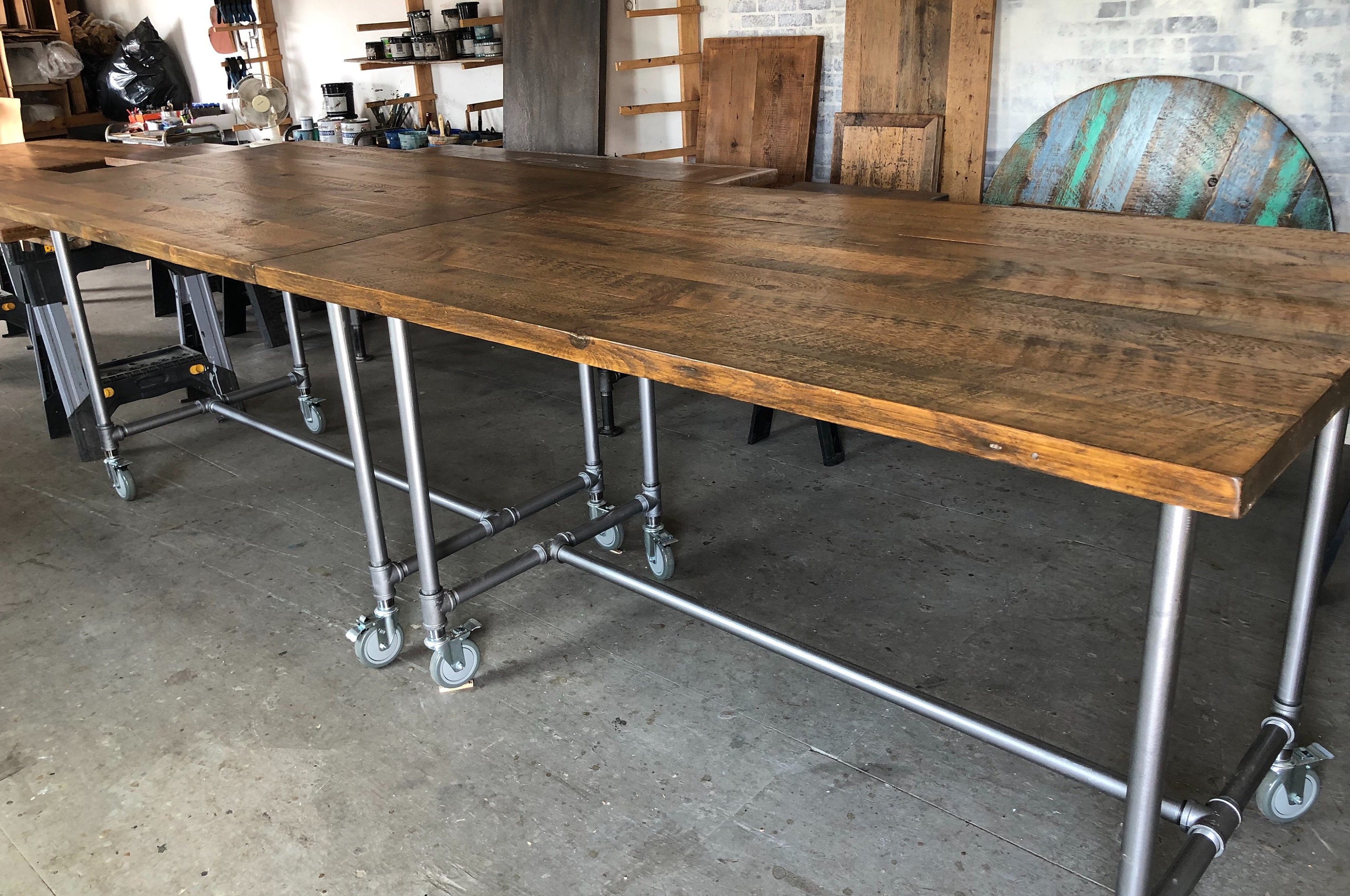 Rustic Communal Desks Rolling Caster Wheels Standing Desk