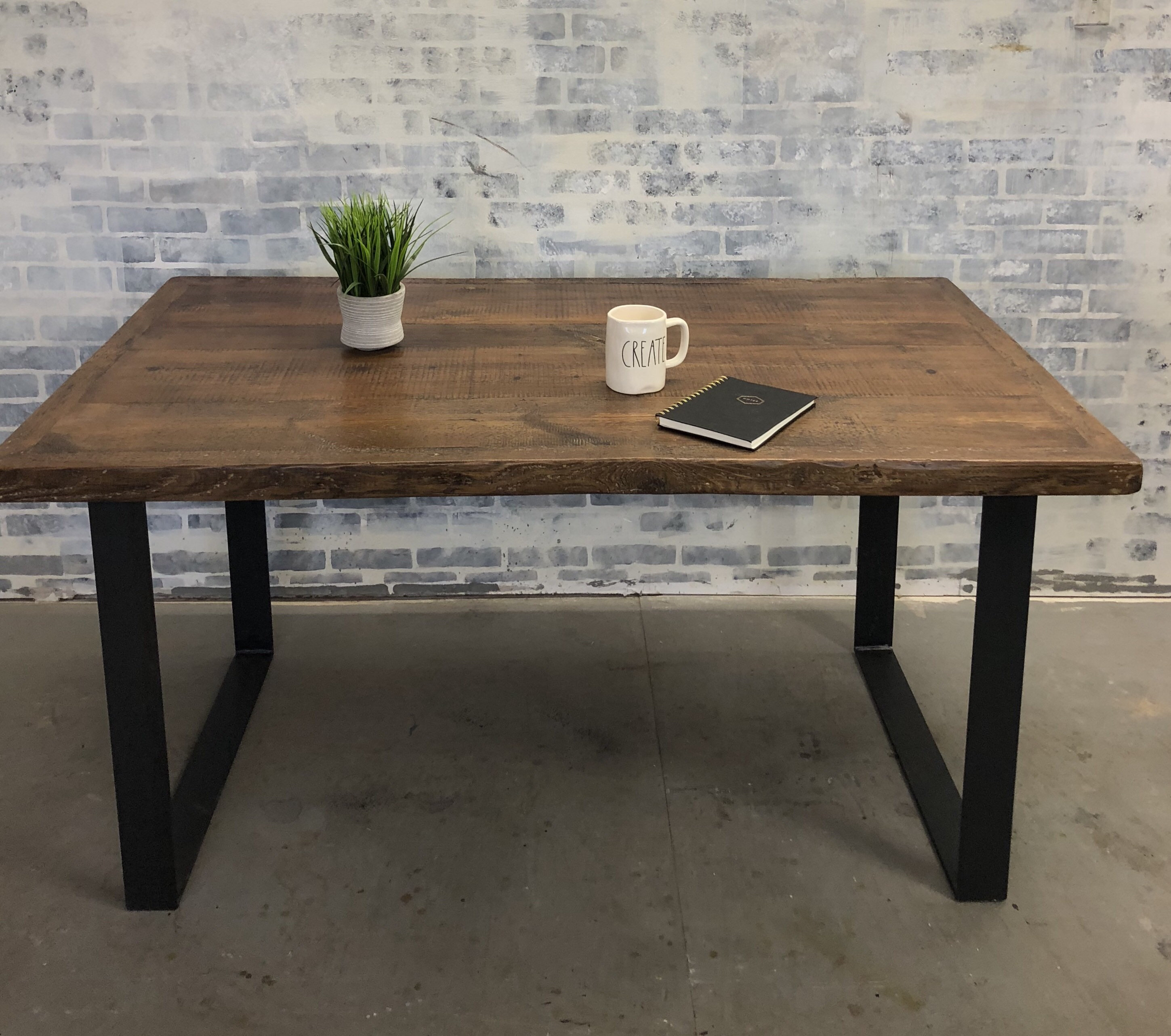 Reclaimed Wood Desk Table Authentic Saw Marks Raw Steel Black Modern Metal Legs