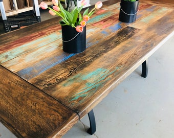 Dining Table-Reclaimed wood colorful table with extentions