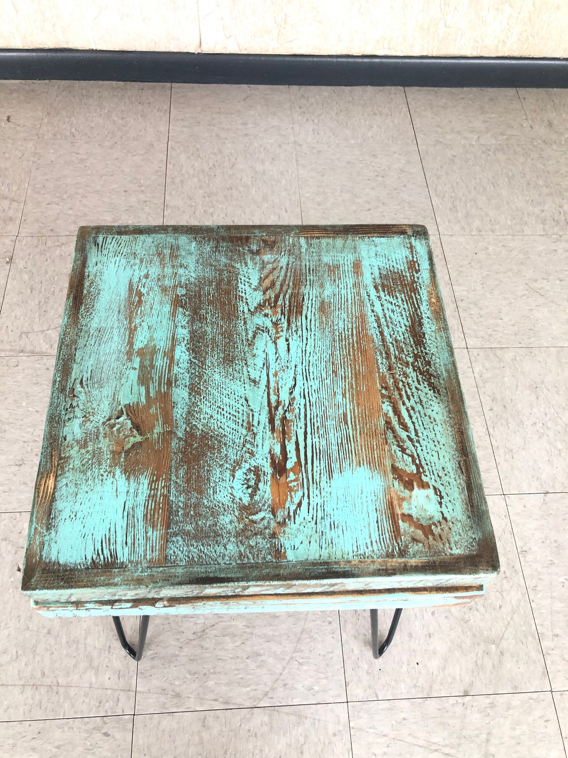 Turquoise reclaimed wood end table with Aqua distressed finish Etsy