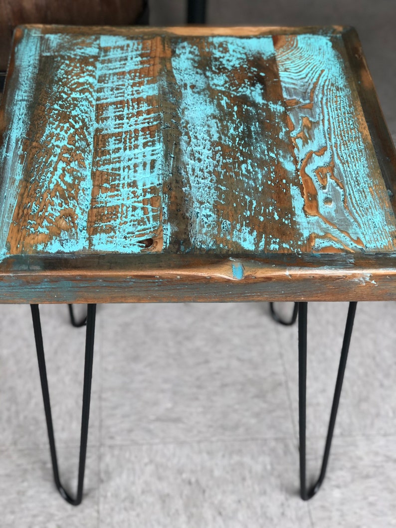Turquoise reclaimed wood end table with Aqua distressed finish Etsy