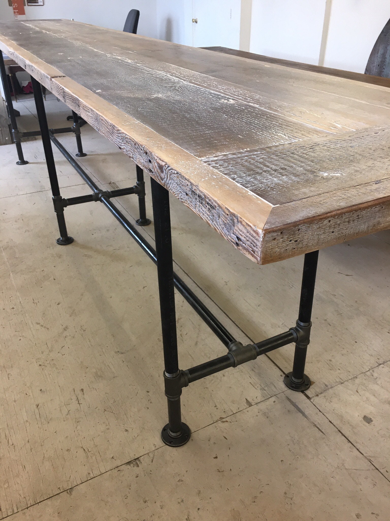 Communal Office Standing Desk Table Rustic Modern Metal Pipe Legs