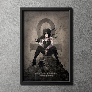 May include: A black and white illustration of a woman with a scythe sitting on a pile of skulls. The background is a grey and brown colour with a symbol that looks like an ankh. The text "You get what anyone gets. You get a lifetime." is at the bottom of the image.