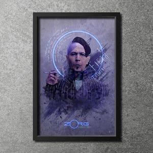 Puede incluir: Una ilustración de acuarela púrpura y azul de un hombre con la cabeza rapada y un sombrero negro. Él está sosteniendo un cigarrillo en su mano derecha y tiene una expresión seria en su rostro. El texto "THE FIFTH ELEMENT" está escrito en letras blancas en un círculo azul alrededor de su cabeza. El texto "ZORG" está escrito en letras blancas en un círculo negro en la parte inferior de la imagen.