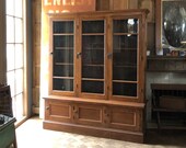Antique School House Cabinet, Farmhouse Cabinet, Large Glass Door Cabinet, Vintage Bookcase, Oak Step Back Cupboard