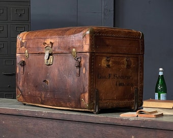 LARGE Antique Leather Trunk, George F. Sinclair Chicago, Antique Immigrant Trunk, Steamer Trunk, Stagecoach Trunk, Trunk Storage