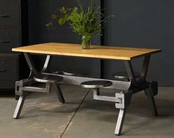 Vintage Swing Out Seat Table, Industrial Dining Table, Four Person Industrial Restaurant Table, Swing Arm Table, Industrial Workbench Table