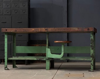 Industrial Butcher Block Workbench Table With Swing Arm Seat, Machinist Workbench, Kitchen Island, Industrial Desk