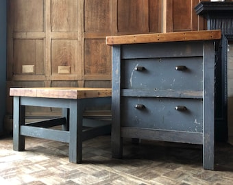 PAIR of Antique Industrial Tables, Butcher Block Workbench Side Tables, Industrial Coffee Table, Vintage Industrial Side Tables