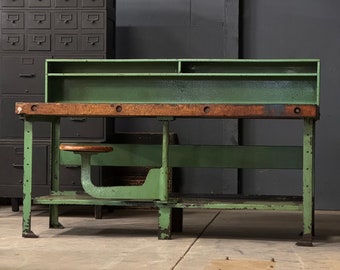 Industrial Machinist Workbench Table With Swing Arm Seat, Butcher Block Table, Antique Workbench, Industrial Desk