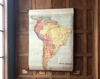 Antique South America School Map, Map Of South America Pull Down Map Chart, Map Wall Hanging, Vintage Map Wall Art