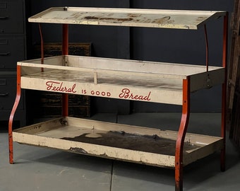 Large Vintage Retail Display Rack, Federal Bread Display Shelf, Tiered Metal Shelving, Bread Advertising