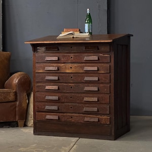Antiek bureau met schuin bovenblad, houten ladekast, antieke tekentafel, kaartenkast, printerkast, bureau, bureau, bureau