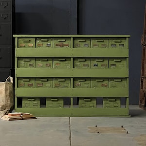Antique Parts Cabinet, Machinist Cabinet, Bolt Bin, Industrial Metal And Wood Drawer Unit, Large Storage Cabinet, Green Cabinet