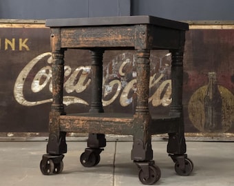 Antique Turtle Table, Antique Printer&#39;s Table, Industrial Die Cart Table, Wood Turtle Table, Kitchen Island, Industrial Table On Wheels