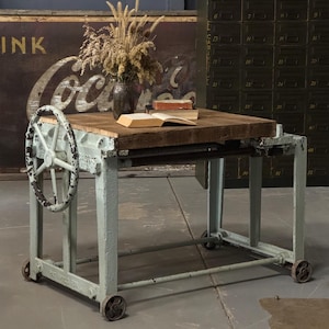 Industrial Clamp Table, Industrial Factory Cart Table, Wood Butcher Block Factory Cart Island, Entryway Furniture