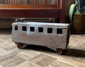 Large Antique Folk Art Trolley Car, Handmade Wood Trolley Car, Antique Wood Toy, Ride On Toy, Primitive Toy, Industrial Table Top Decor