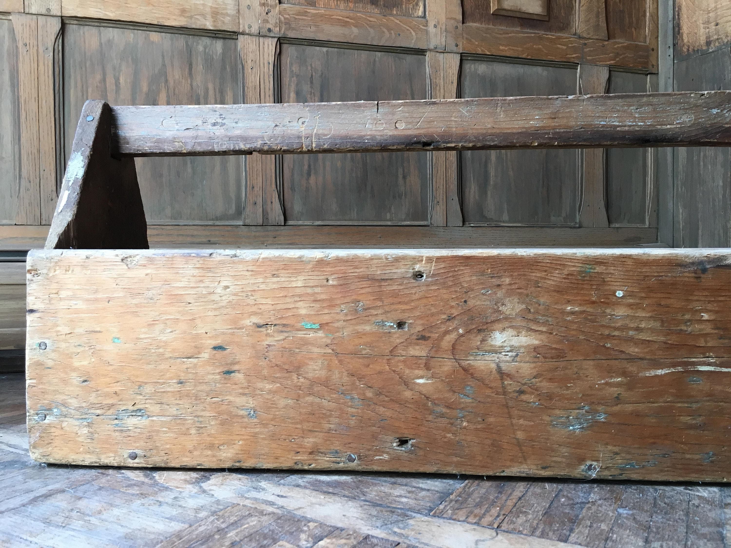 Large Antique Tool Caddy, Handmade Wood Tool Box, Rustic Wooden Toolbox