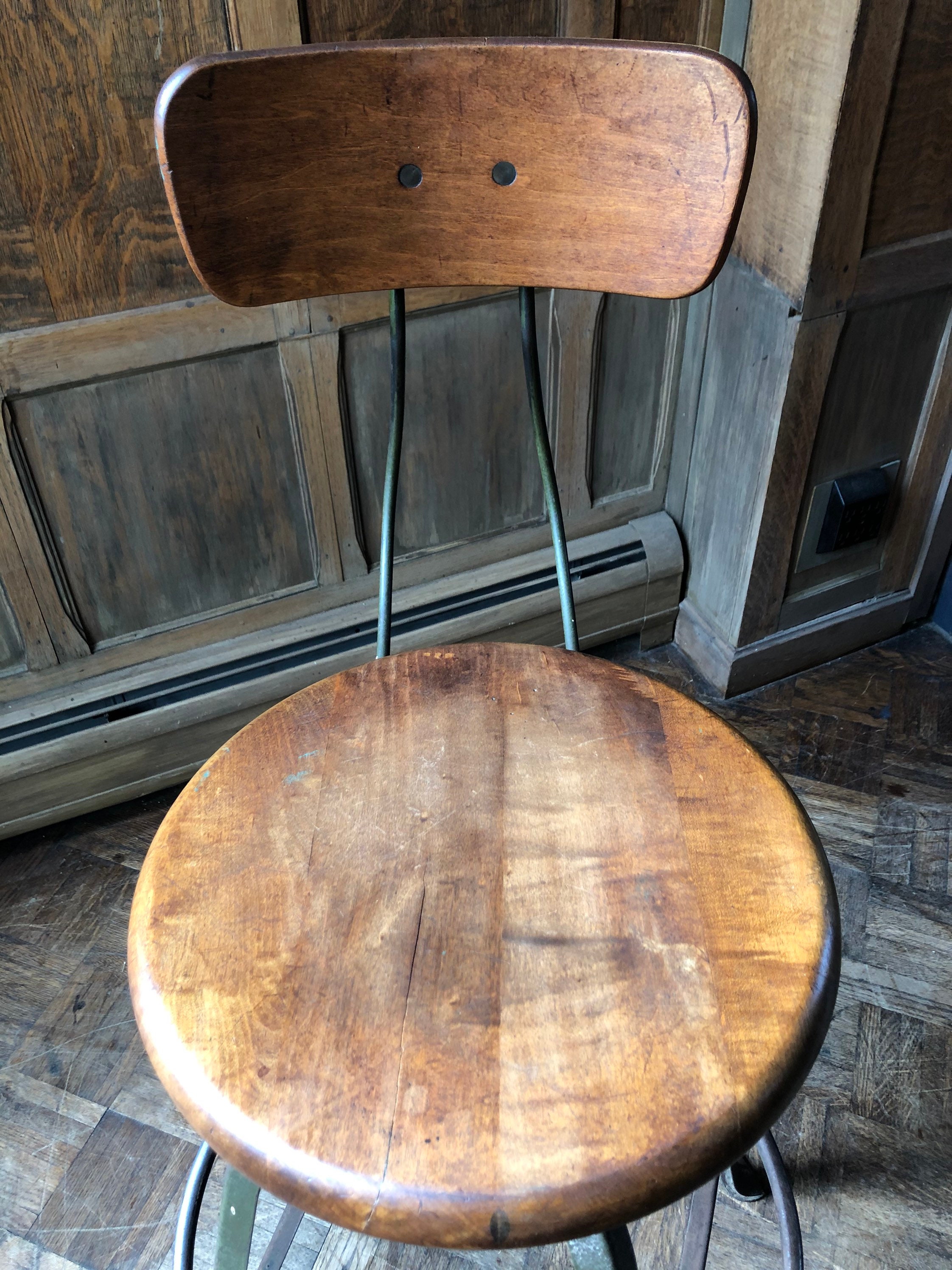 Antique Drafting Stool with Backrest, Vintage Adjustable Stool