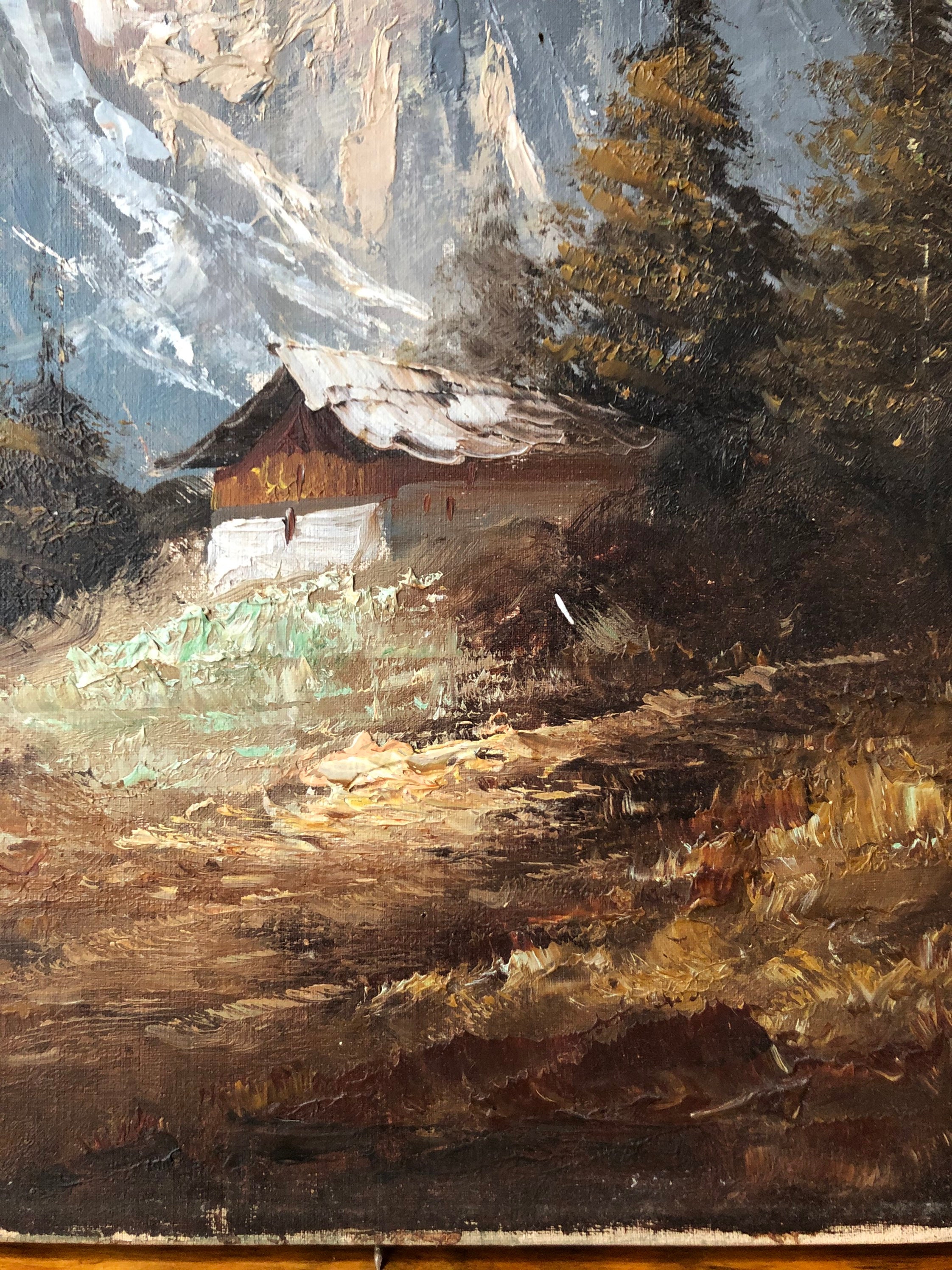 Vintage Oil Painting On Canvas, Mountain Cabin Scene