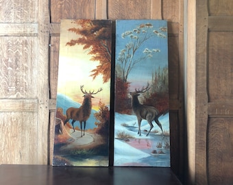 Pair of Antique Oil Paintings On Canvas, Deer Buck Outdoor Scene, Mountain Wall Art, Cabin Lodge Decor, Hunting Decor