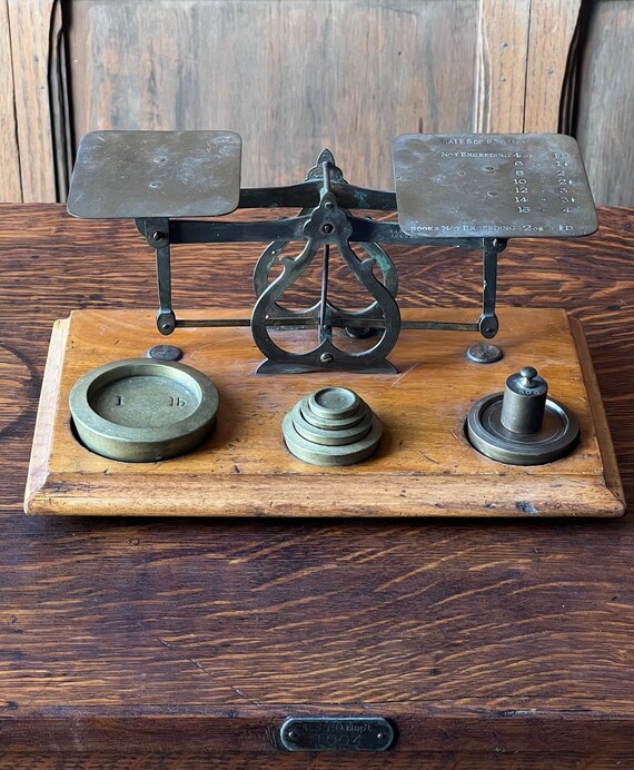 Antique Postal Scale, Brass And Wood Scale, Antique Desk Top Scale, Letter Scale, Apothecary Scale, Industrial Kitchen Decor