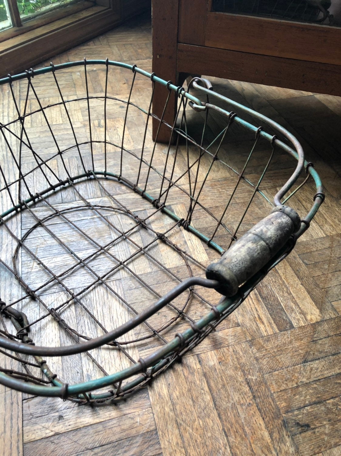 Antique Wire Basket With Wood Handle, Rustic Metal Wire