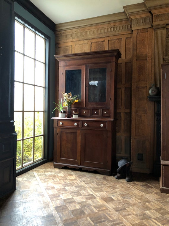 Antique Farmhouse Cabinet, Pine Step Back Cupboard, Stepback Cabinet, Cabinet With Glass Door, Step Back Hutch, Farmhouse Furniture