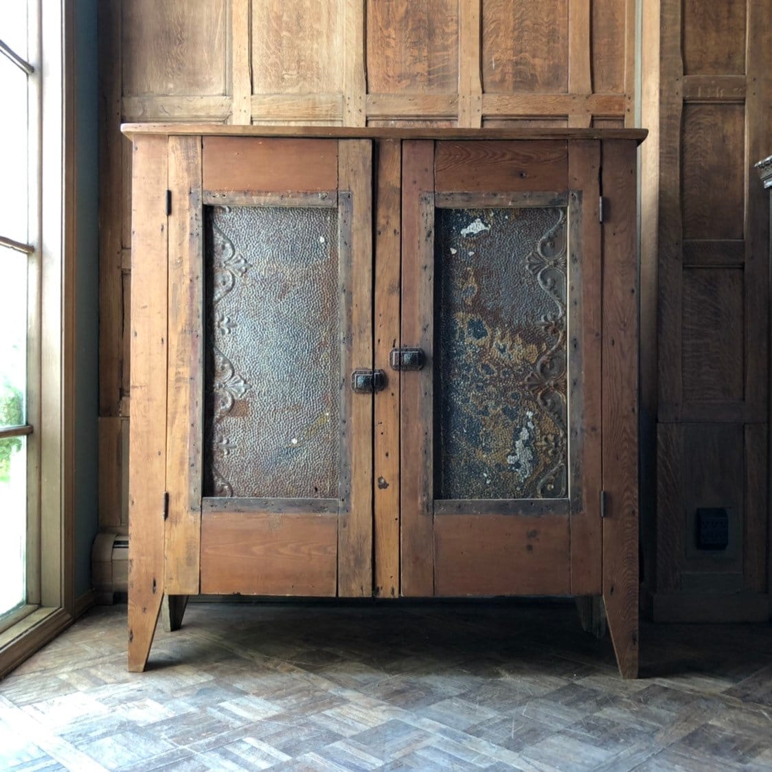 Primitive Farmhouse Cabinet Antique Wood Cupboard With Tin